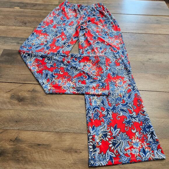 Valerie Stevens Palazzo Pants Red Blue Paisley Floral Pull On Slinky Stretchy S - Picture 3 of 13